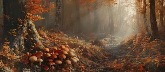 Deurstickers This painting depicts a dense forest filled with an abundance of mushrooms, showcasing the autumn season in all its glory. The forest floor is covered in various types of mushrooms, creating a vibrant © 2rogan
