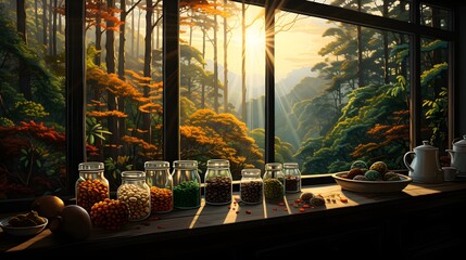 Coffee beans managed in jars, illustration, Lush forest at the window - obrazy, fototapety, plakaty