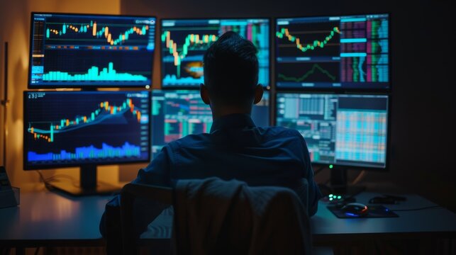 Man Engaged in Virtual Trading amidst Glowing Market Graphs. A trader immersed in a virtual reality simulation of live market analytics, hands raised to navigate the digital interface. Bull Run.