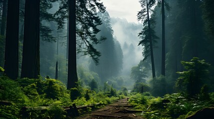 Thick forest, massive redwood trees, lichen, ferns, insects, mist and fog, splintered sunlight - obrazy, fototapety, plakaty