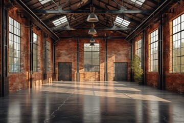 Industrial loft style empty old warehouse interior,brick wall,concrete floor and black steel roof...