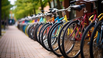 Bicycles parked in row in the city. Selective focus.