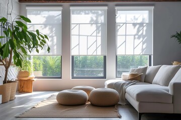 Interior roller blinds are installed in the living room, featuring white colored roller shades on the windows. Within the same room, there are also a houseplant and a sofa present. To add to the - obrazy, fototapety, plakaty
