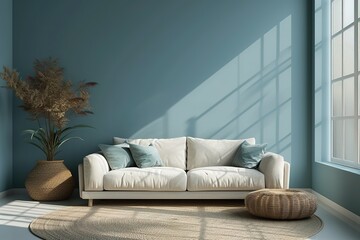 Minimal living room and blue wall texture background interior design / 3D rendering - obrazy, fototapety, plakaty