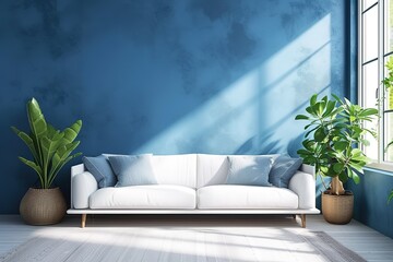 Minimal living room and blue wall texture background interior design / 3D rendering