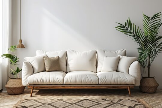 mock up modern interior sofa in living room, empty wall, 3D render