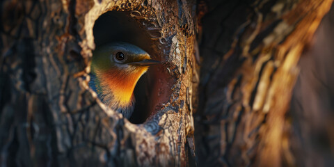 Obraz premium bird is peeking through a hole in the tree, generative AI