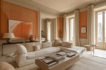 Fototapeta na wymiar modern living room with color of the year 2024 peach fuzz as wall paint