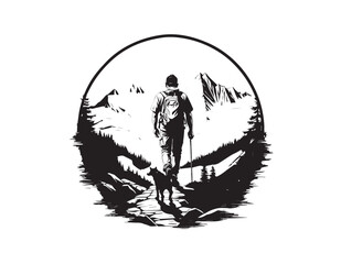man hiking with dog a trail through the mountains, t-shirt design concept