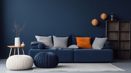 Modern Interior Design with Blue Sofa, Textured Accent Pillows and Minimalist Furniture - obrazy, fototapety, plakaty