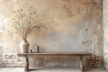Rustic Exposed Brick Wall with Worn Farmhouse Table Minimalist Product Backdrop Background Neutral...