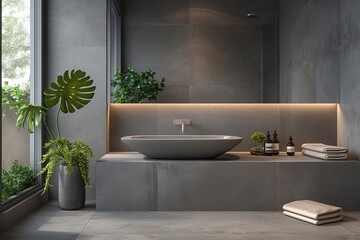 sink concrete design interior home room gray modern luxury mirror bathroom.