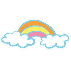 Hand drawn rainbow with clouds in crayon colouring style for decorations, cute patches, shirt print, pin, brooch, fashion, accessory, sticker, spring time, summer break, clear blue sky, Pride month