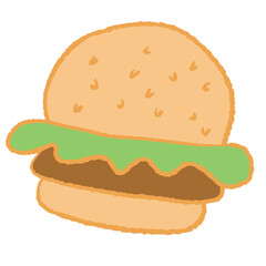 Hand drawn burger in crayon colouring style for junk food, bakery, pastry, cafe, restaurant, menu, recipe, baking book, brunch, lunch, sweet dessert, print, brand logo, icon, sticker, tattoo, ads
