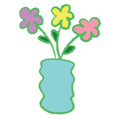 Hand drawn flowers in a vase in crayon colouring style for spring, summer, nature, garden, floral element, plant, tree, environment, shirt print, logo, icon, sticker, tattoo, ads, home decoration