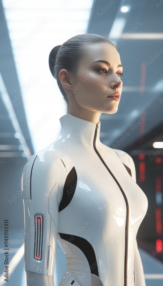 Poster futuristic white artificial intelligence humanoid robot portrait with copy space for text placement