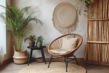 The living room has a modern and sleek design with a rattan armchair, a black coffee table, a tropical plant in a basket, a beige macrame hanging on the wall, and classy decorative items. The wall is 