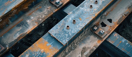 A detailed view of a metal structure with visible rust at a construction site. The rusted parts reveal the aging process of the metal template in this industrial setting.