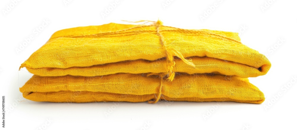 Poster a neat stack of two vibrant yellow towels sits against a clean white backdrop. the towels are made o