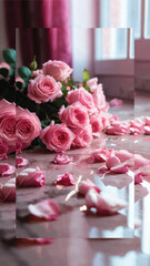 A bouquet of pink roses on broken glass floor mirror effect