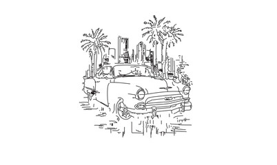 Retro car in a tropical city vintage t shirt design concept black and white line art