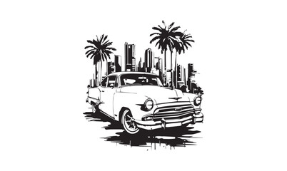Retro car in a tropical city vintage t shirt design concept black and white - obrazy, fototapety, plakaty