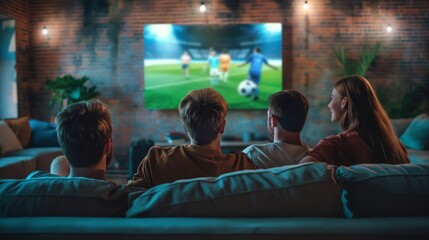 Group of friends watching a football match on TV together and cheering for their team. back view