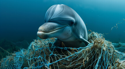 Dolphin trapped in fishing net reflects human impact on underwater life