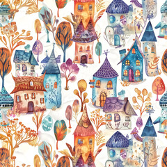 Fototapeta na wymiar Whimsical watercolor seamless pattern with elven houses. Intrica