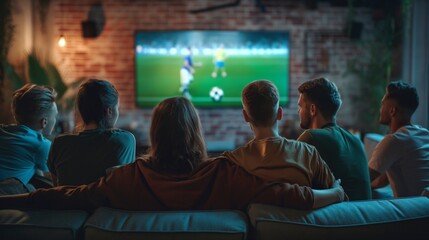 Group of friends watching a football match on TV together and cheering for their team. back view - obrazy, fototapety, plakaty