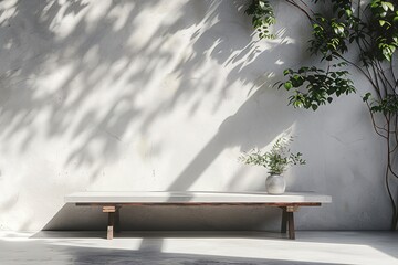 White concrete empty table, organic curtain and plant shadow on cement wall. Summer exterior scene for product placement mockup. Neutral minimal aesthetic. See Less