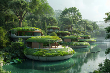 Group of Futuristic Green Eco Houses on River - obrazy, fototapety, plakaty