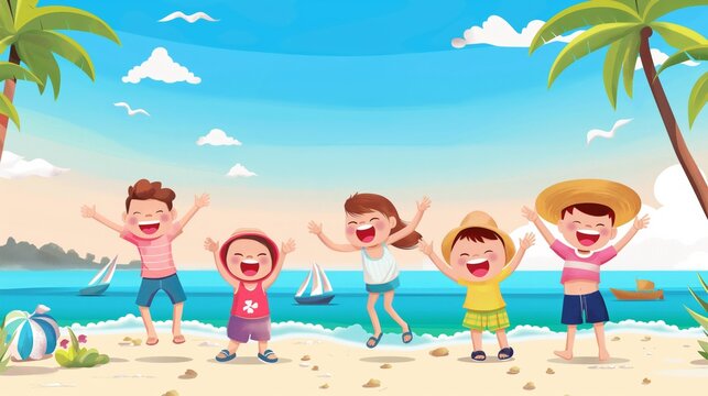 Happy kids having fun on the beach. Summer vacation with happy kids cartoon illustration.