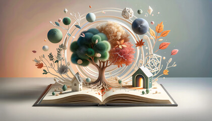 an open book on a flat surface with elements of nature and fantasy popping out of the pages
