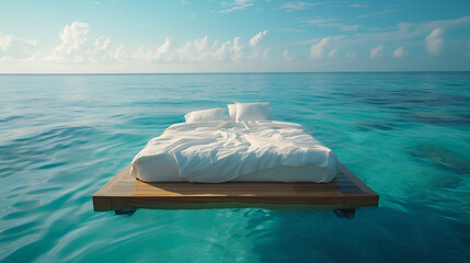 Double bed floating in middle of water, elegant bed linen. generative ai 