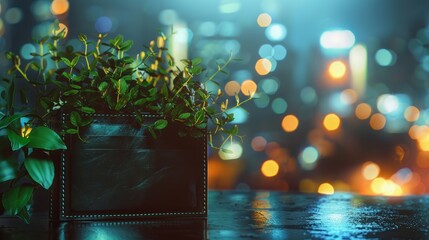 Lush green plants spilling from a black leather wallet against a blurred city lights background - obrazy, fototapety, plakaty