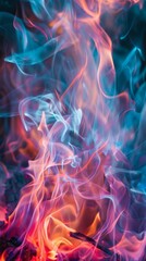 Vivid flames in blue and red hues dancing at night, creating a surreal visual effect - obrazy, fototapety, plakaty