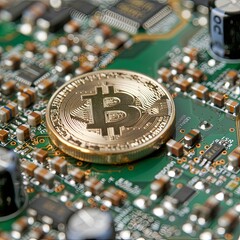 A golden Bitcoin coin placed centrally on a green electronic circuit board with visible components - obrazy, fototapety, plakaty