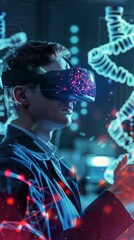 Dynamic view of a biotech engineer immersed in a virtual reality simulation of DNA structures - obrazy, fototapety, plakaty