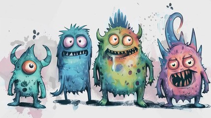 A playful group of colorful doodle monsters illustrated in a vibrant graffiti style - obrazy, fototapety, plakaty