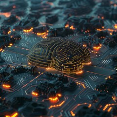 A three-dimensional artificial intelligence brain pulsating with yellow lights on a detailed circuit board - obrazy, fototapety, plakaty