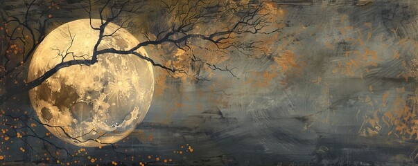 Artistic interpretation of the harvest moon, layered with conflicting visual elements against a textured night backdrop - obrazy, fototapety, plakaty
