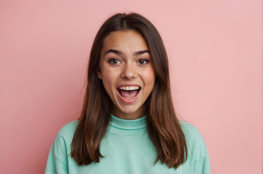 Image portrait of amazed female student smiling with opened mouth happy staring isolated on pastel pink color background.