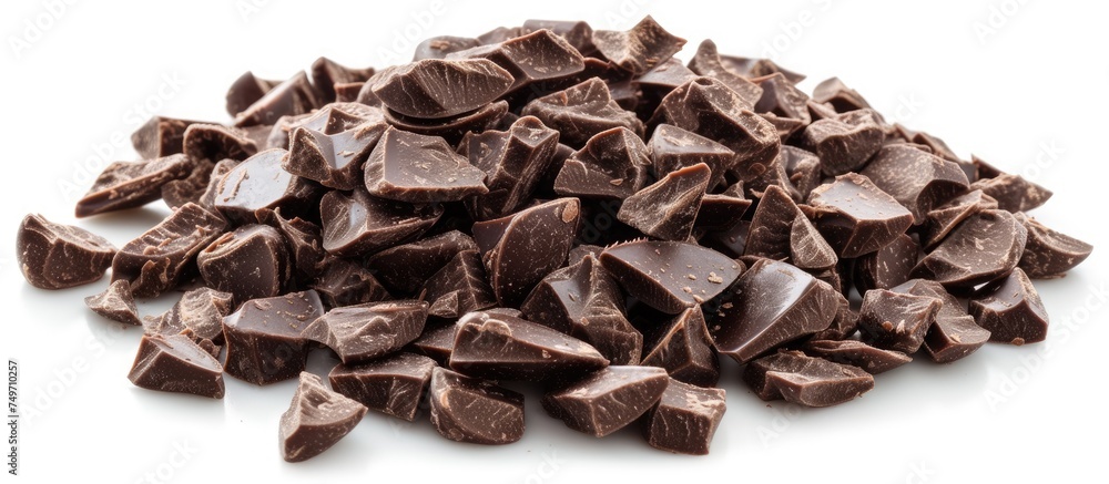 Poster a collection of chocolate chunks is stacked on a clean white surface. each chunk is various shades o