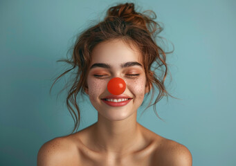 RED nose day cute girl wearing a red nose
 - obrazy, fototapety, plakaty