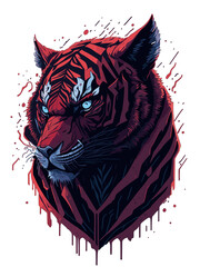 Graphic representation of a tiger feline with a glowing head in shades of crimson and amber, radiating formidable energy and an intimidating gesture, with penetrating icy eyes