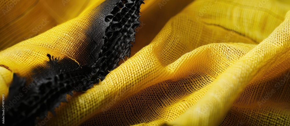Poster a detailed view of a yellow cloth with precise black stitches running along the edges, creating a st