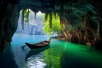 Fisherman boat on the lake in the cave.