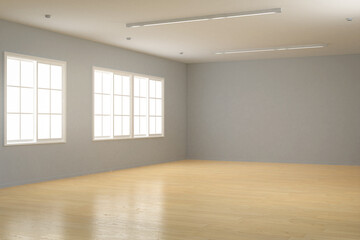 Empty cosy room interior with wooden floor and grey wall