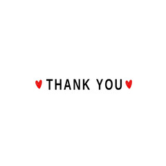 Thank you with red hearts. Black text, lettering, on white background Card banner design. Vector	
